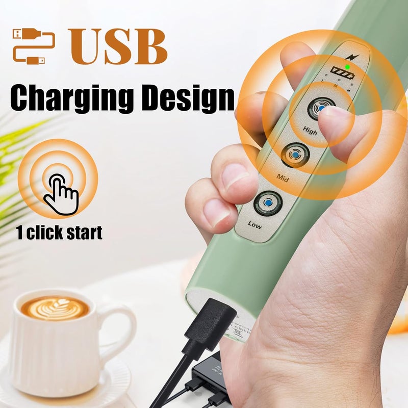 Nahida Granite Green Milk Frother Wand for Coffee, Frother Handheld Rechargeable Electric Whisk with 3 Heads 3 Speeds Drink Mixer Coffee Frother Foam Maker For Latte, Cappuccino, Hot Chocolate, Egg - Image 2